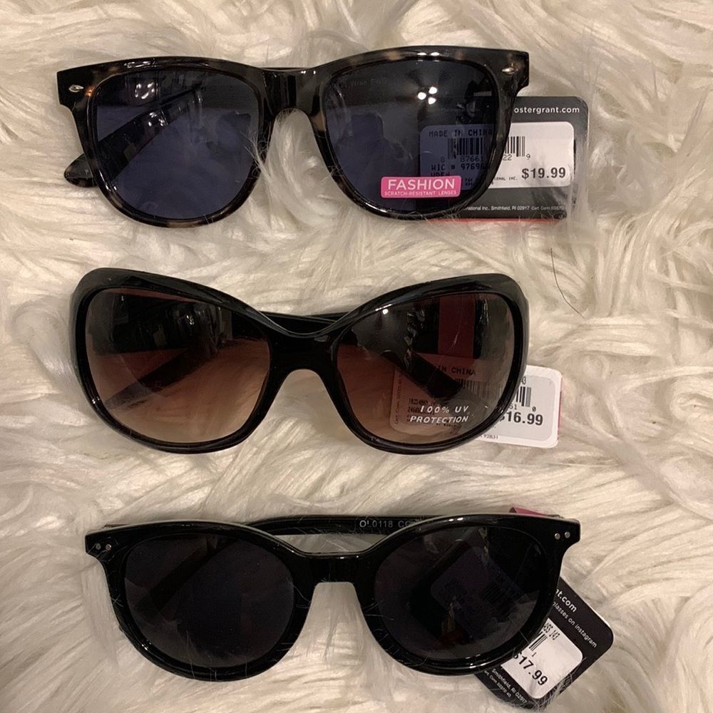 Three pair of sunglasses. Foster Grant (2) & Solargenics (1).  Retail $55 NWT